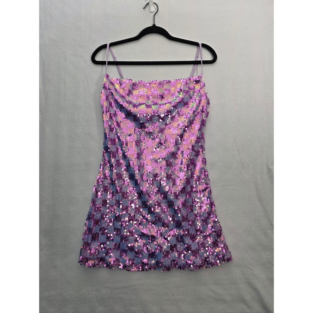 Klesis NWT Pink Purple Sequin Checkered Mini Dress Large Festival Party Sparkle